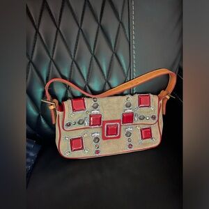 Embellished Red and Tan Women's Bag
